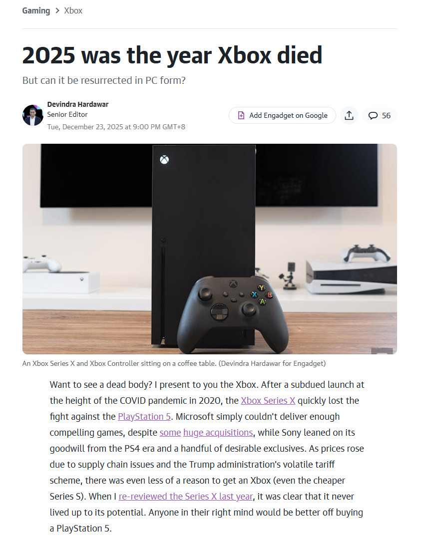 外媒Engadget怒批Xbox:2025年是Xbox消亡之年