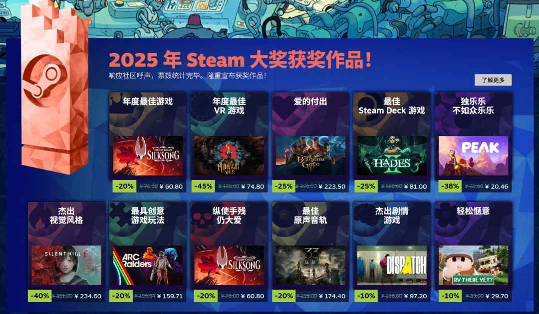 2025年Steam大奖名单 《空洞骑士：丝之歌》获年度游戏